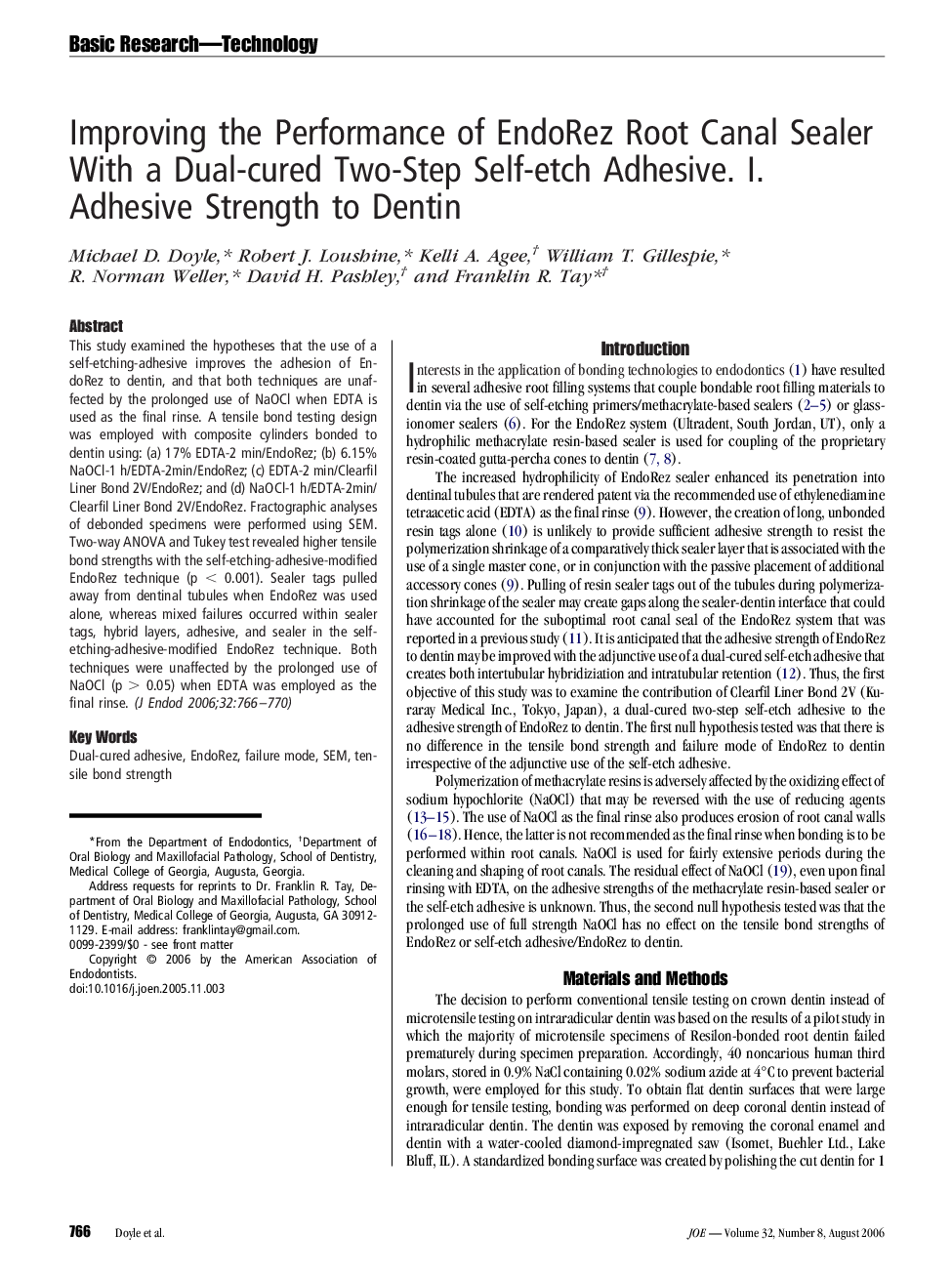 Improving the Performance of EndoRez Root Canal Sealer With a Dual-cured Two-Step Self-etch Adhesive. I. Adhesive Strength to Dentin