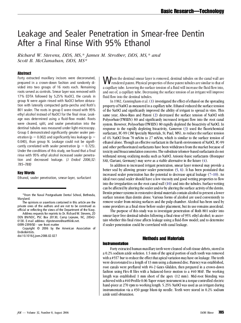 Leakage and Sealer Penetration in Smear-free Dentin After a Final Rinse With 95% Ethanol 