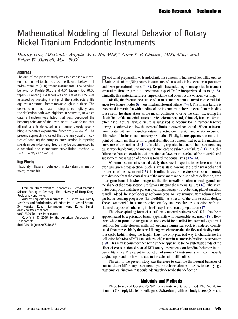 Mathematical Modeling of Flexural Behavior of Rotary Nickel-Titanium Endodontic Instruments