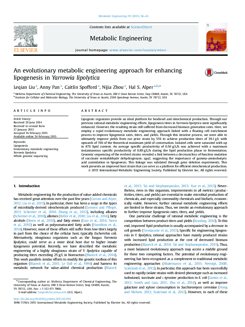 An evolutionary metabolic engineering approach for enhancing lipogenesis in Yarrowia lipolytica