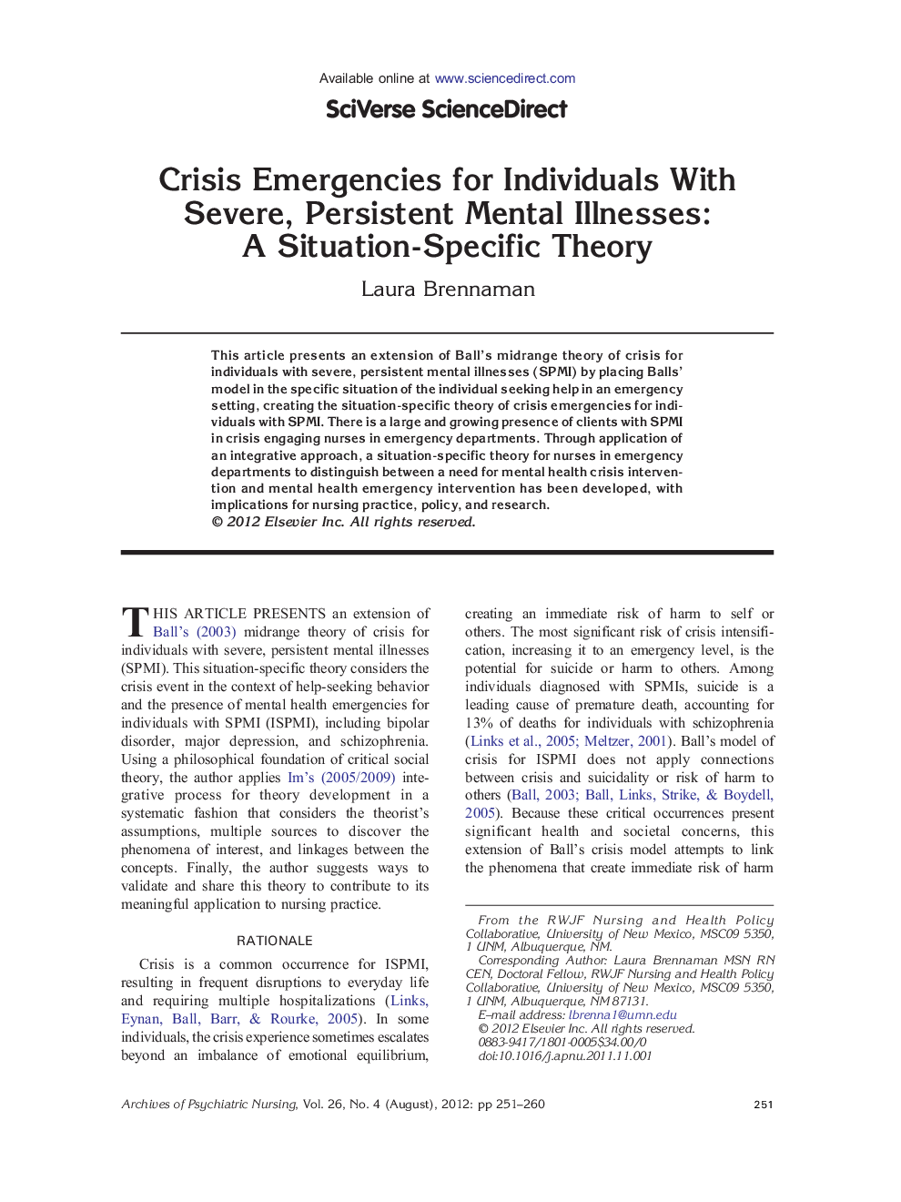 Crisis Emergencies for Individuals With Severe, Persistent Mental Illnesses: A Situation-Specific Theory