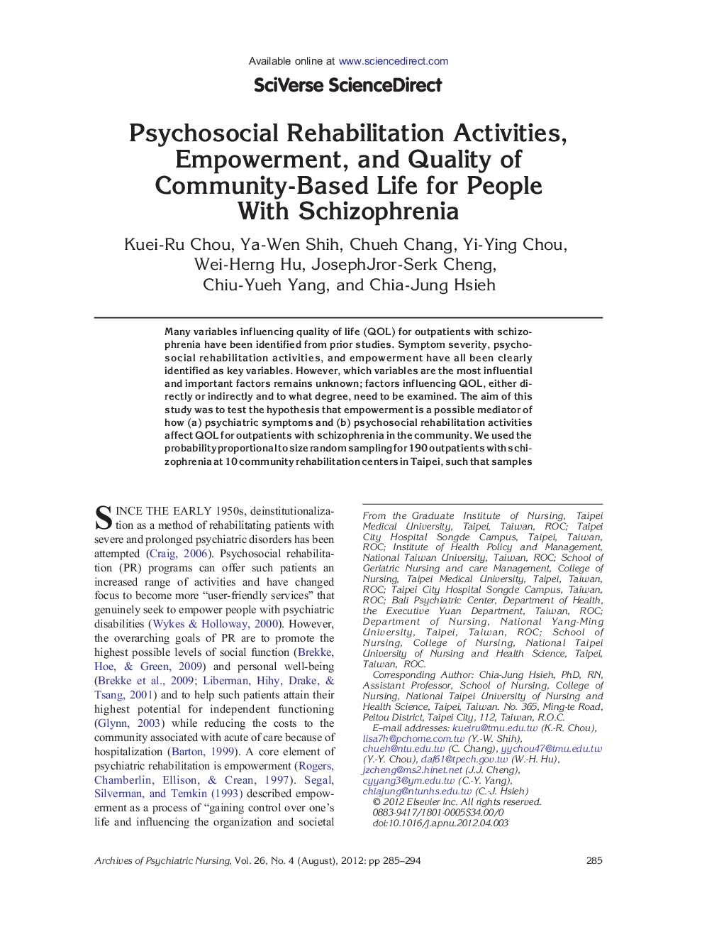 Psychosocial Rehabilitation Activities, Empowerment, and Quality of Community-Based Life for People With Schizophrenia