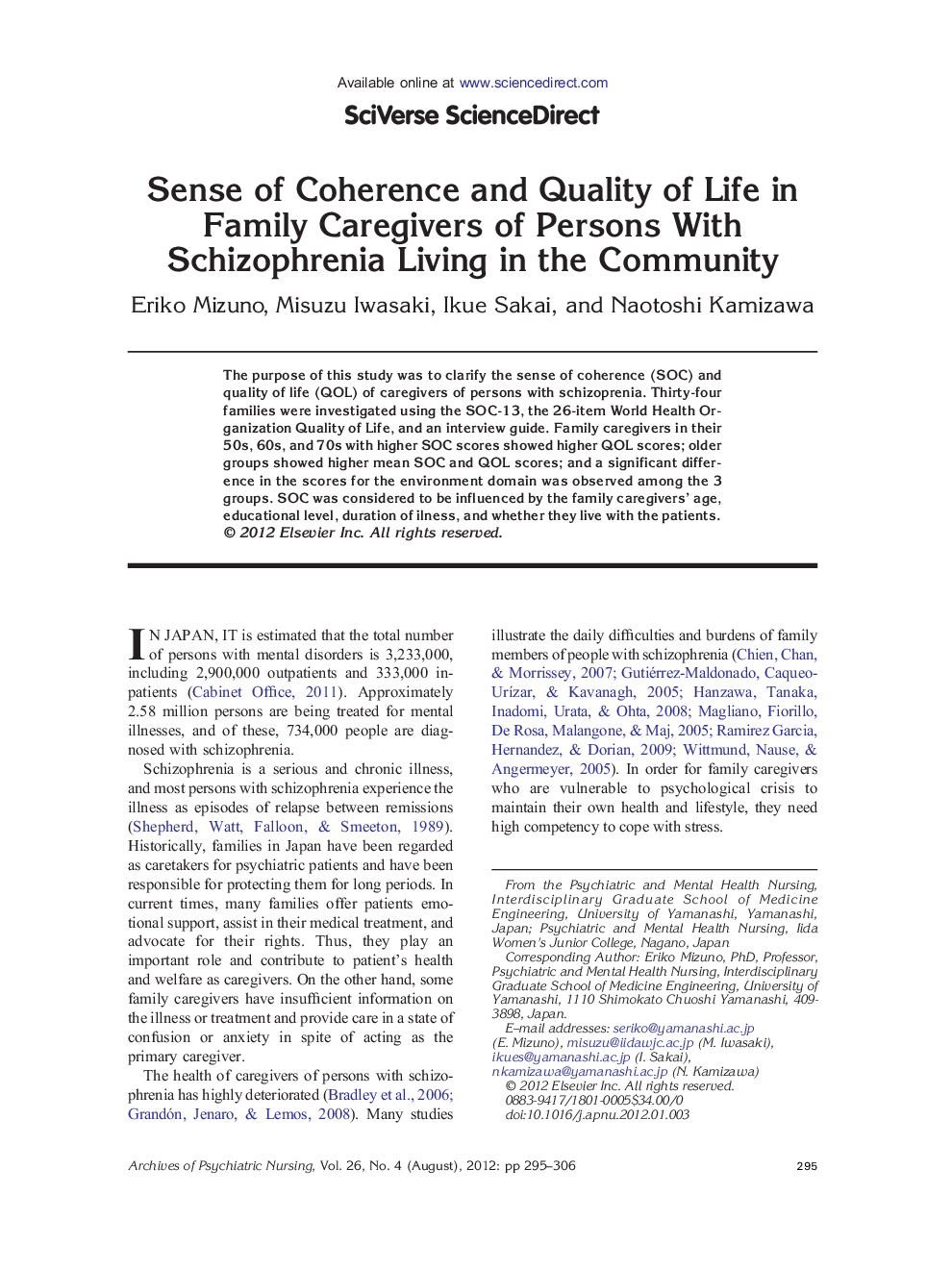 Sense of Coherence and Quality of Life in Family Caregivers of Persons With Schizophrenia Living in the Community