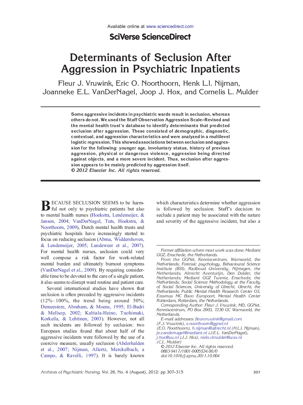 Determinants of Seclusion After Aggression in Psychiatric Inpatients 
