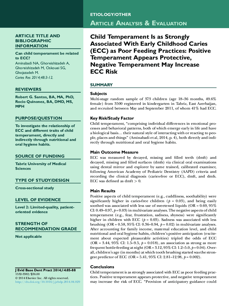Child Temperament Is as Strongly Associated With Early Childhood Caries (ECC) as Poor Feeding Practices: Positive Temperament Appears Protective, Negative Temperament May Increase ECC Risk