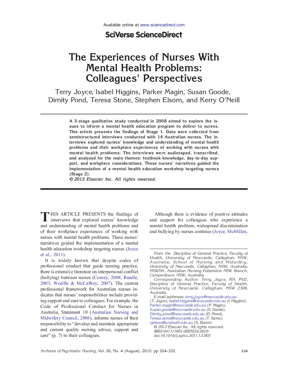 The Experiences of Nurses With Mental Health Problems: Colleagues' Perspectives