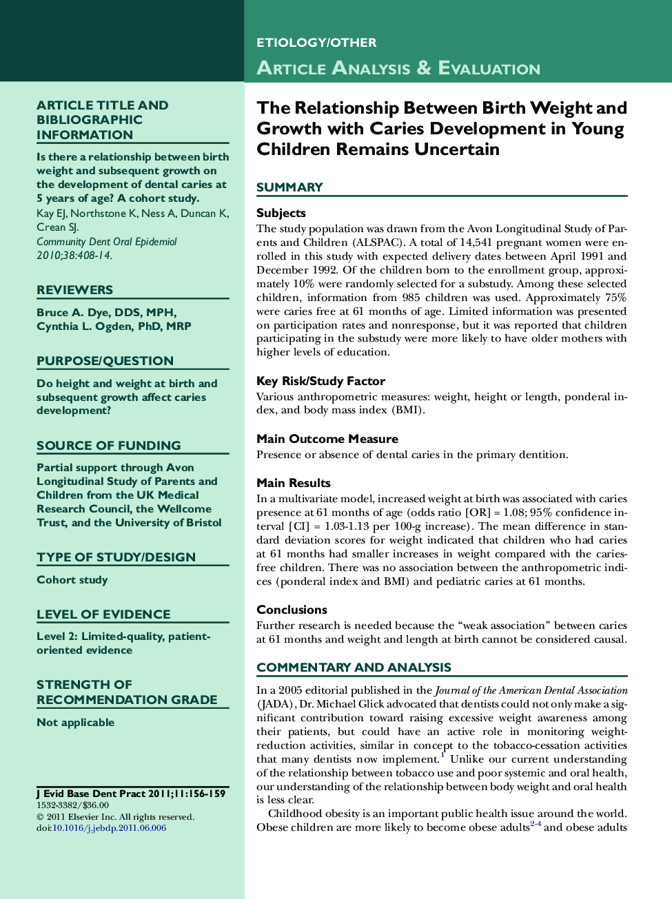 The Relationship Between Birth Weight and Growth with Caries Development in Young Children Remains Uncertain