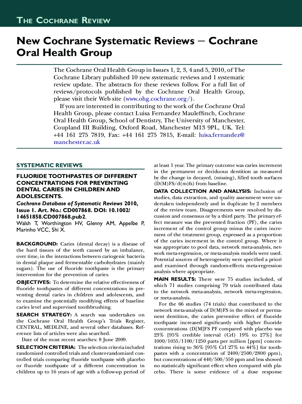New Cochrane Systematic Reviews - Cochrane Oral Health Group