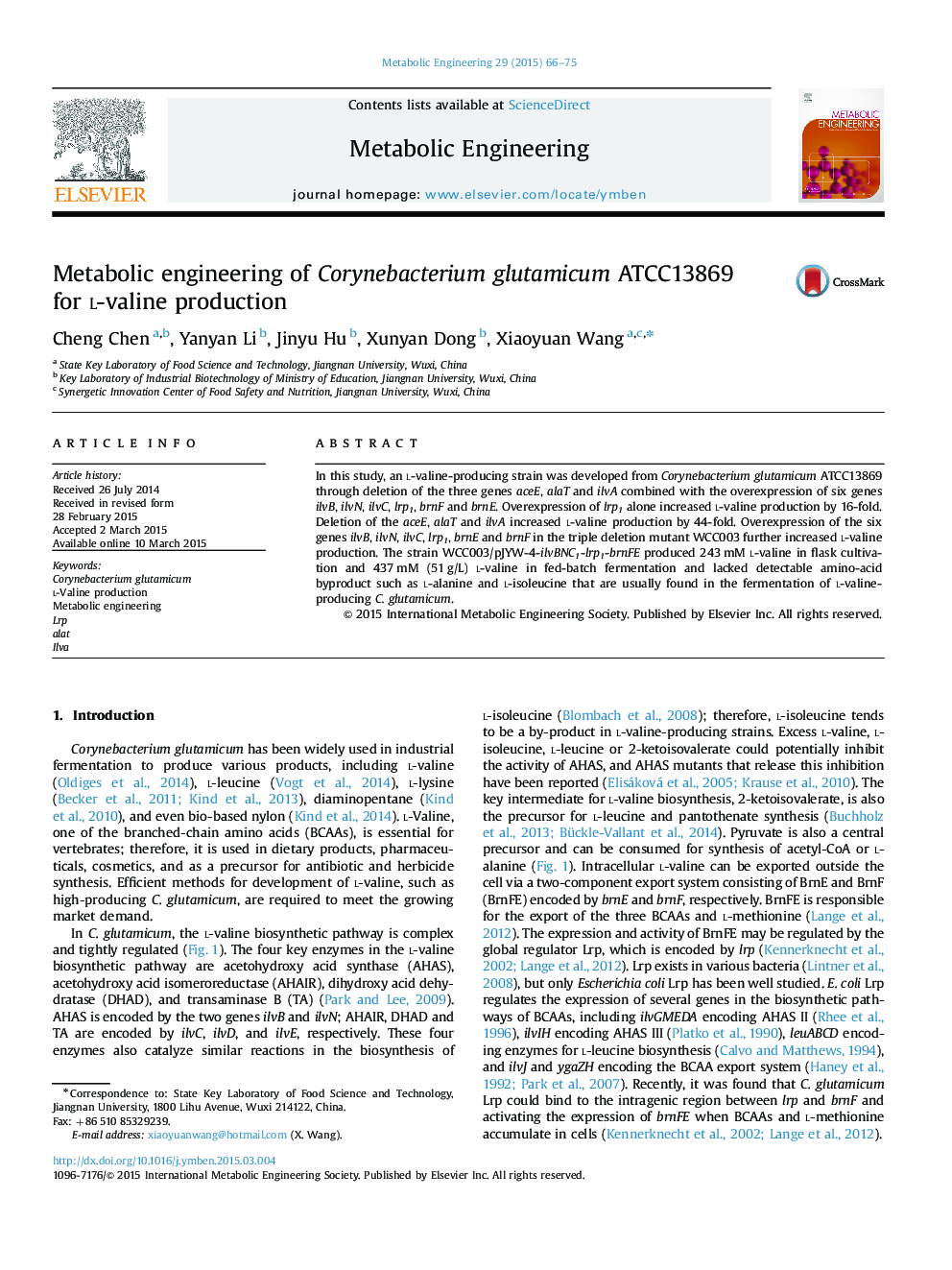 Metabolic engineering of Corynebacterium glutamicum ATCC13869 for l-valine production