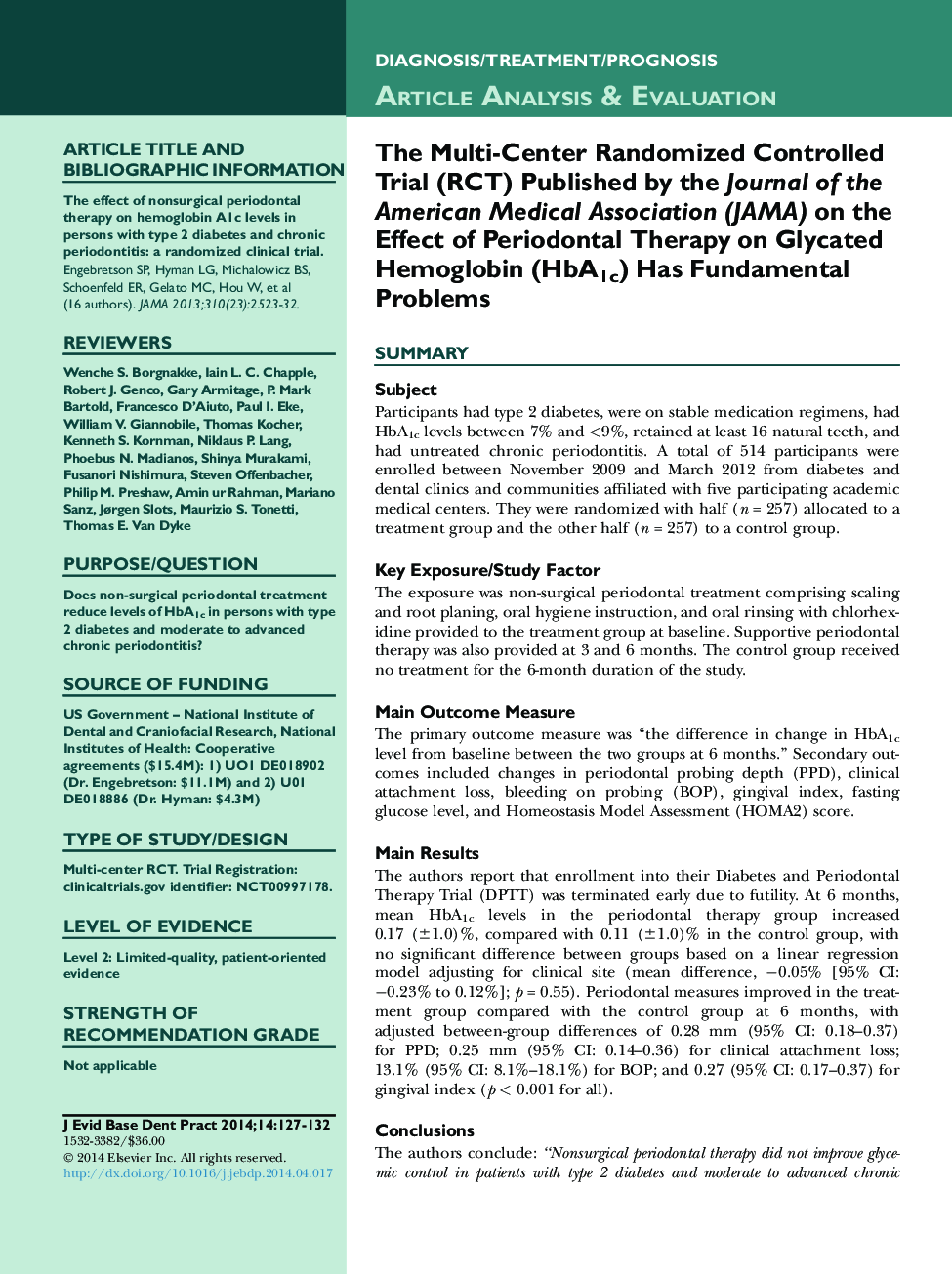The Multi-Center Randomized Controlled Trial (RCT) Published by the Journal of the American Medical Association (JAMA) on the Effect of Periodontal Therapy on Glycated Hemoglobin (HbA1c) Has Fundamental Problems
