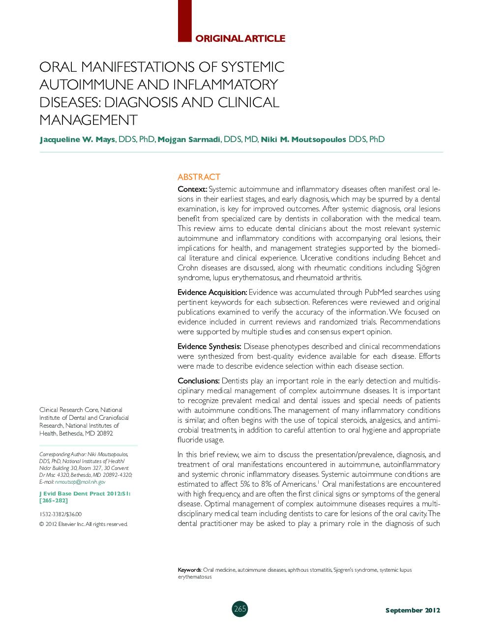 Oral Manifestations of Systemic Autoimmune and Inflammatory Diseases: Diagnosis and Clinical Management