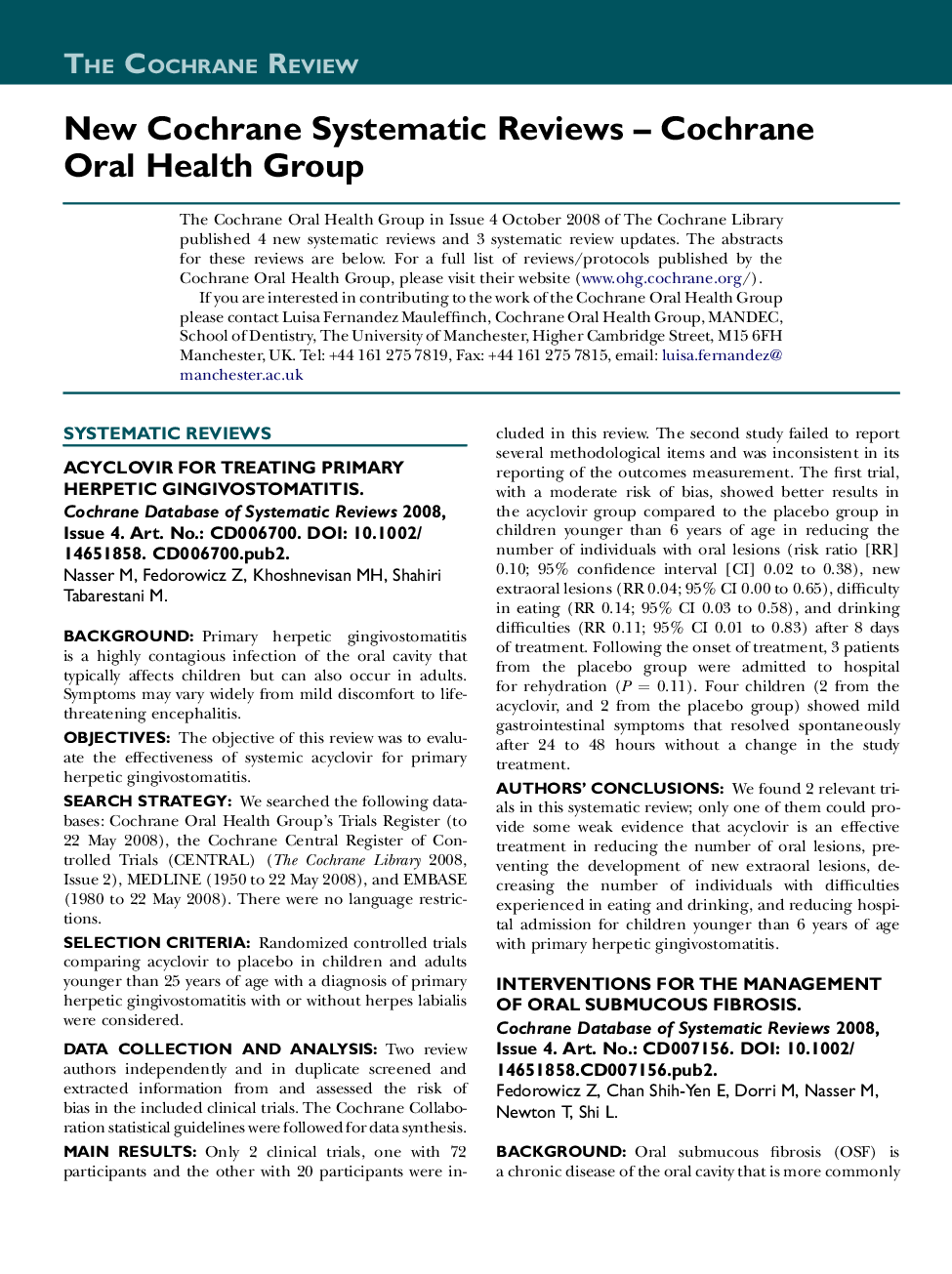 New Cochrane Systematic Reviews – Cochrane Oral Health Group