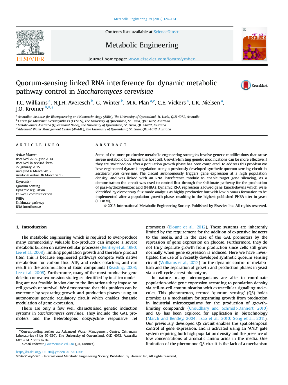 Quorum-sensing linked RNA interference for dynamic metabolic pathway control in Saccharomyces cerevisiae