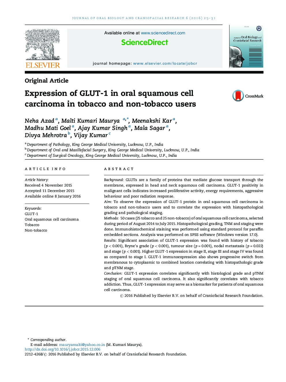 Expression of GLUT-1 in oral squamous cell carcinoma in tobacco and non-tobacco users