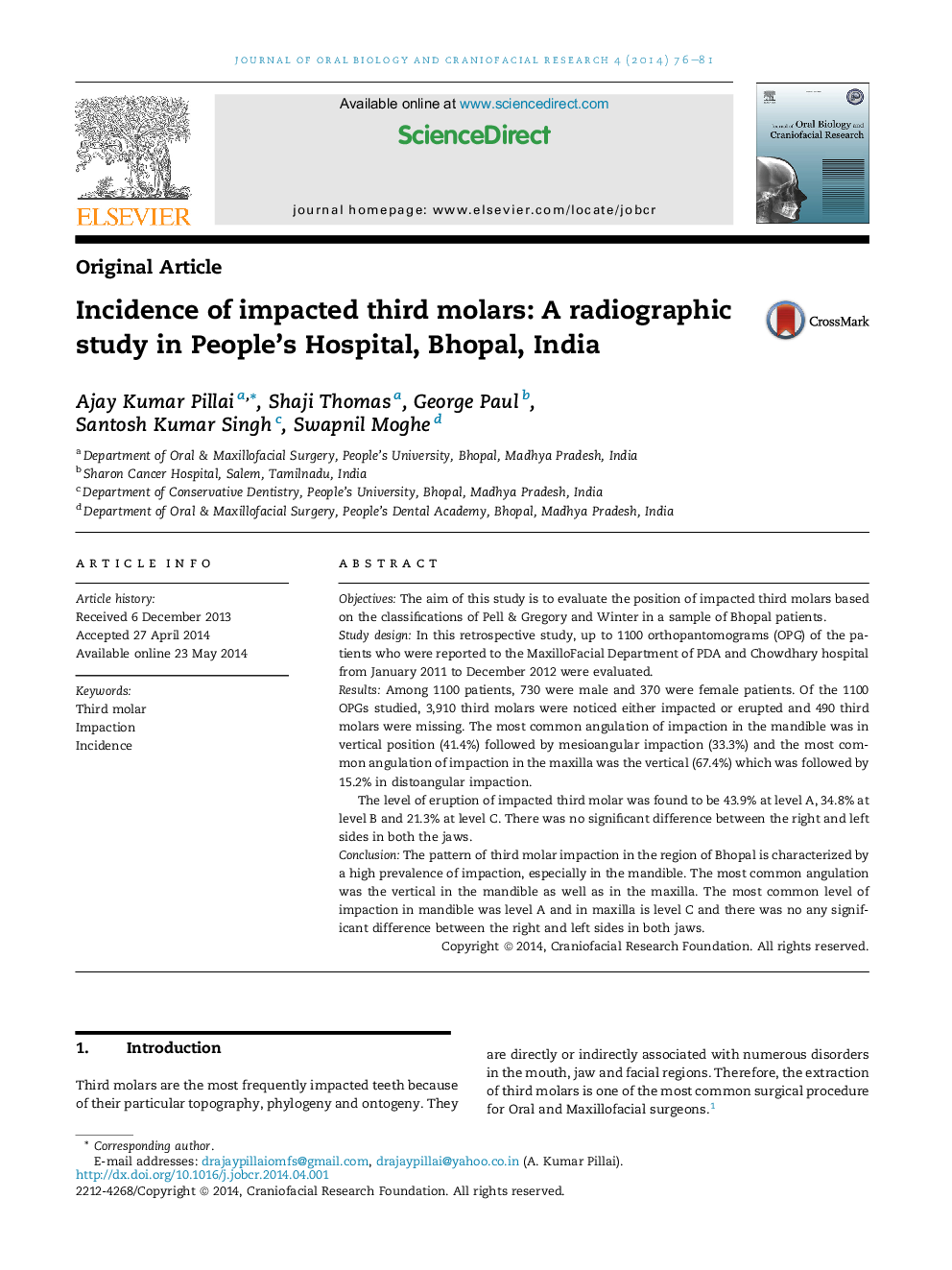 Incidence of impacted third molars: A radiographic study in People's Hospital, Bhopal, India