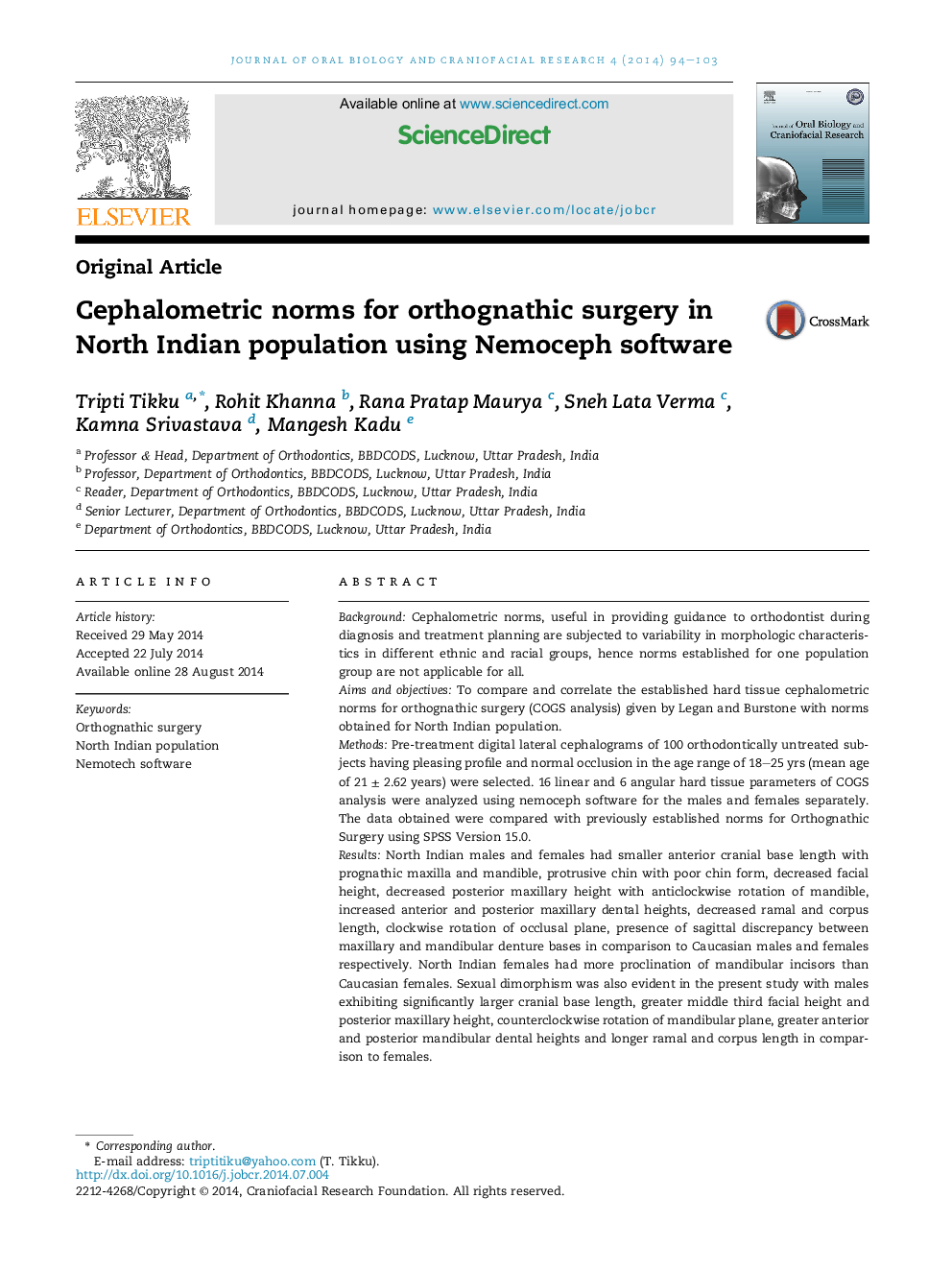 Cephalometric norms for orthognathic surgery in North Indian population using Nemoceph software