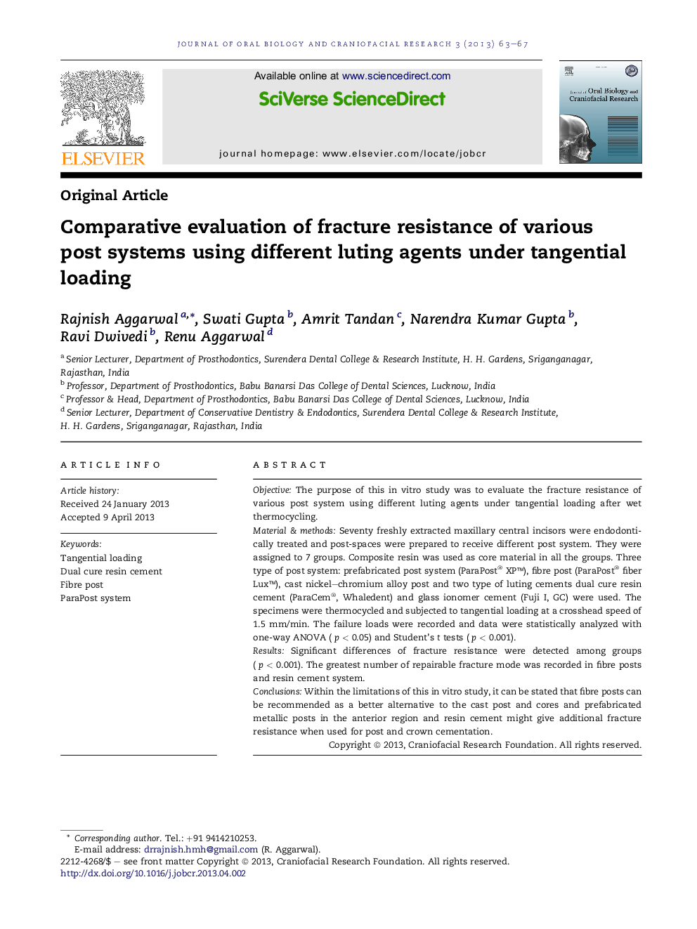 Comparative evaluation of fracture resistance of various post systems using different luting agents under tangential loading