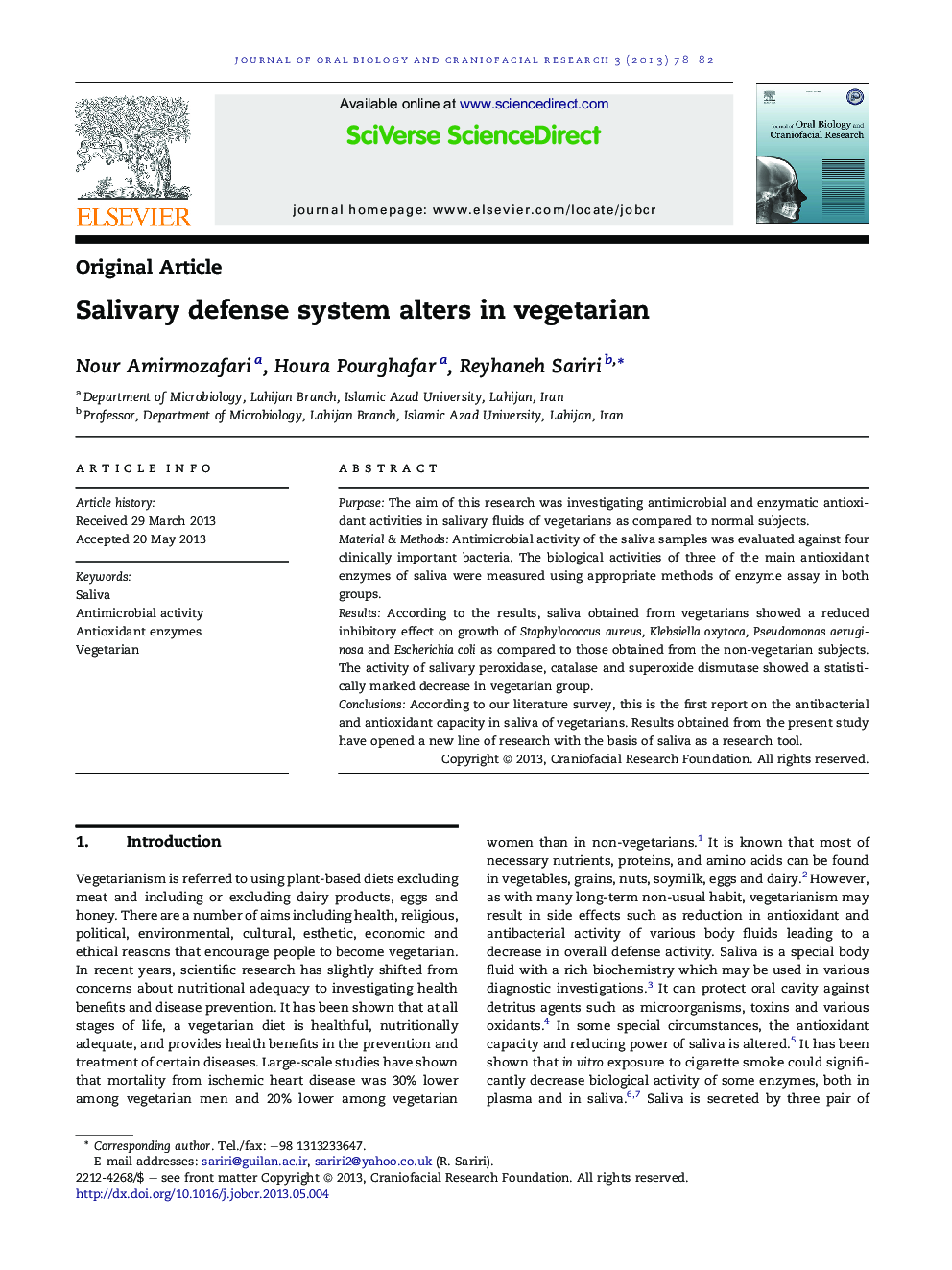 Salivary defense system alters in vegetarian