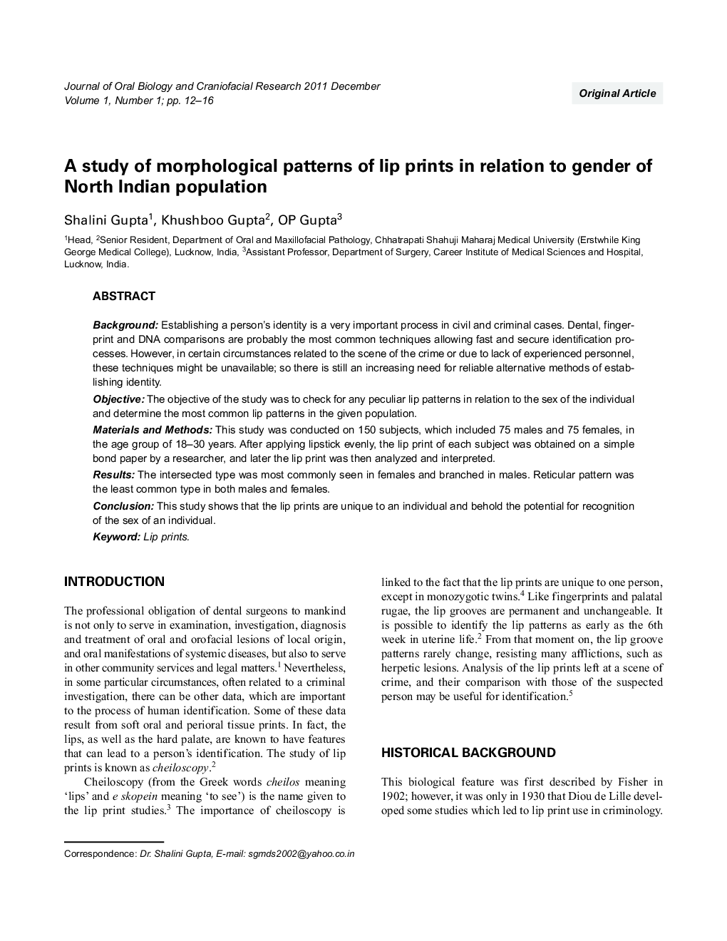 A study of morphological patterns of lip prints in relation to gender of North Indian population