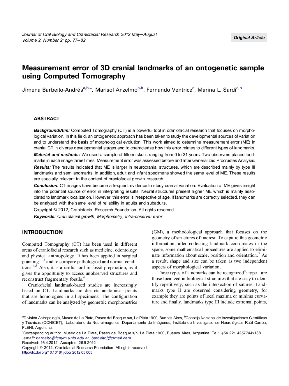 Measurement error of 3D cranial landmarks of an ontogenetic sample using Computed Tomography