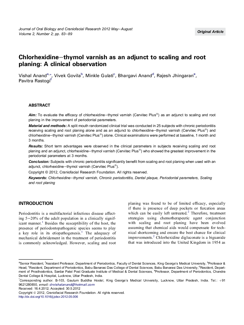 Chlorhexidine–thymol varnish as an adjunct to scaling and root planing: A clinical observation