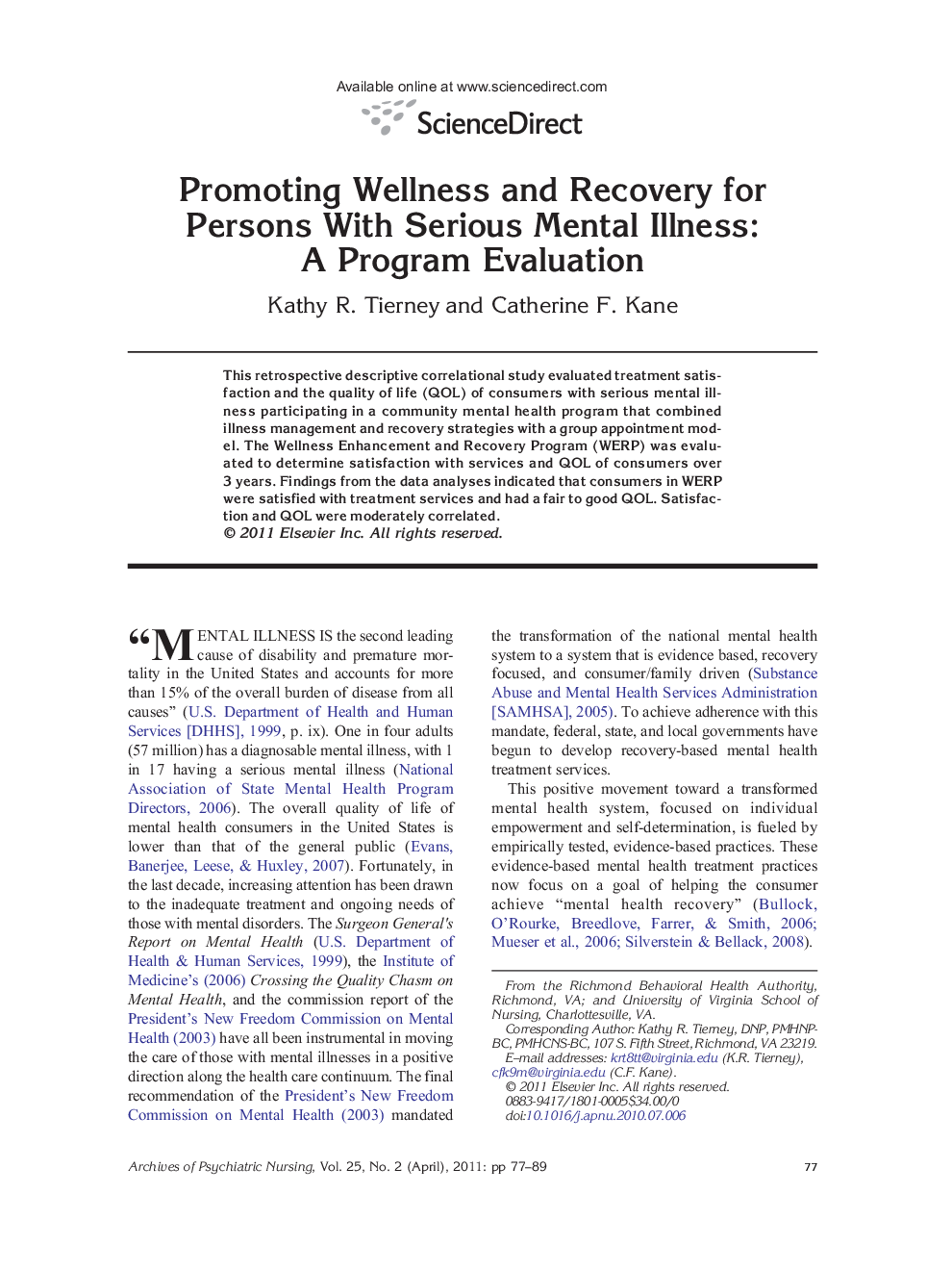 عکس صفحه اول مقاله: Promoting Wellness and Recovery for Persons With Serious Mental Illness: A Program Evaluation Promoting Wellness and Recovery for Persons With Serious Mental Illness: A Program Evaluation