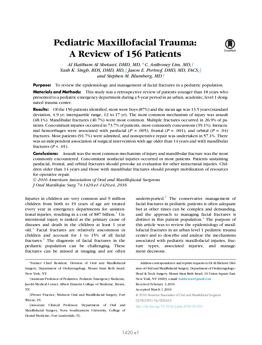 Pediatric Maxillofacial Trauma: A Review of 156 Patients