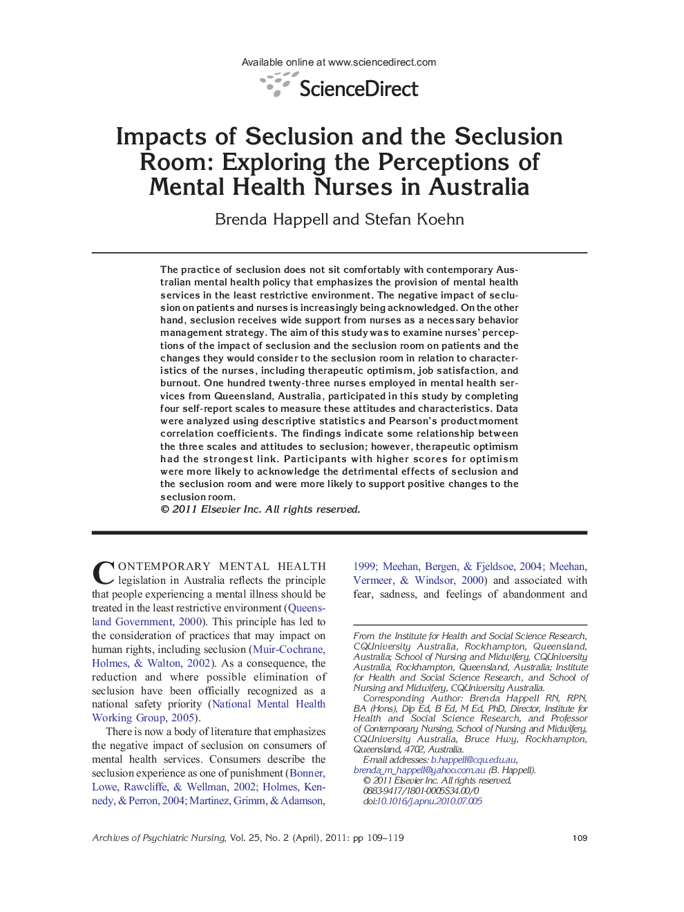 Impacts of Seclusion and the Seclusion Room: Exploring the Perceptions of Mental Health Nurses in Australia