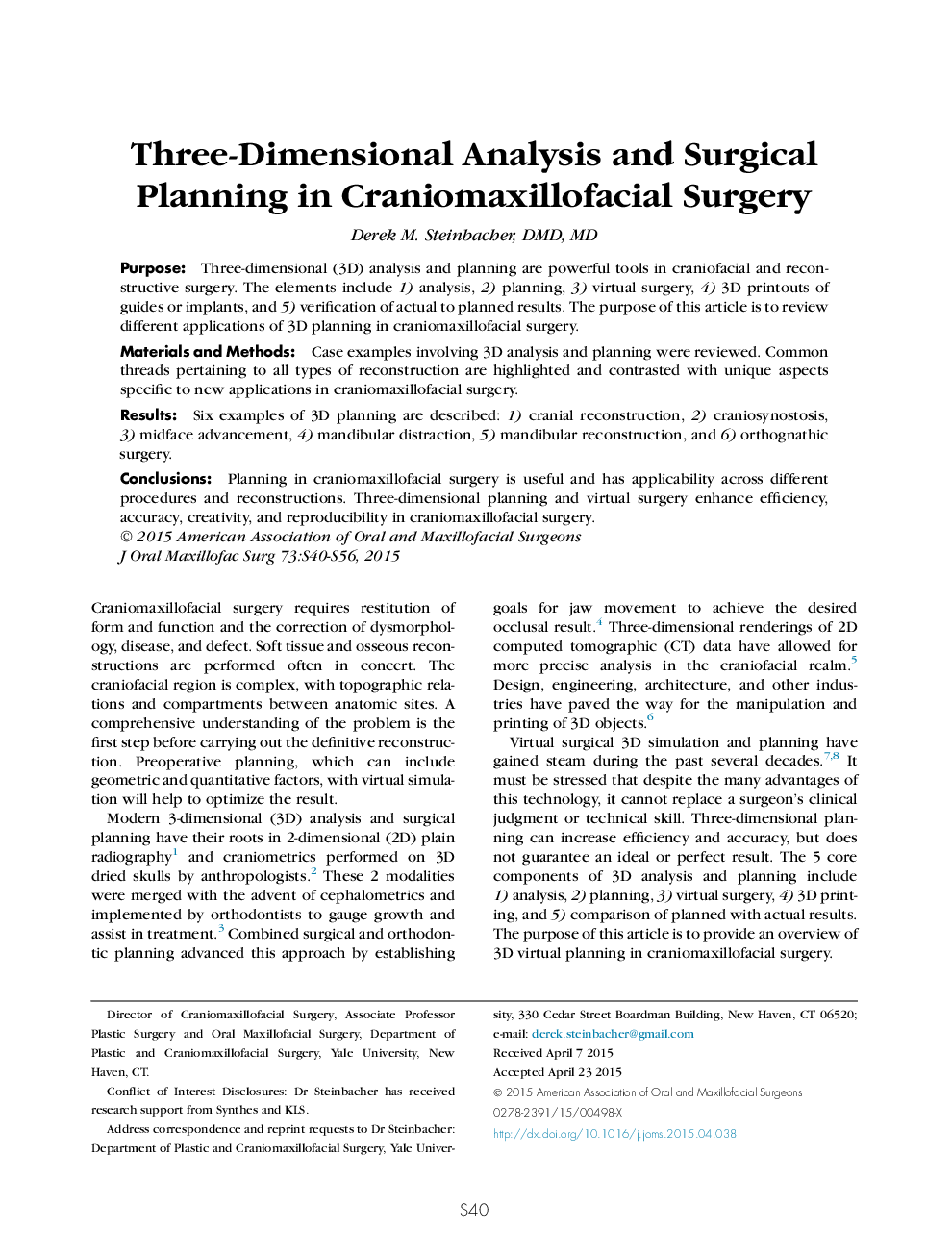 Three-Dimensional Analysis and Surgical Planning in Craniomaxillofacial Surgery 