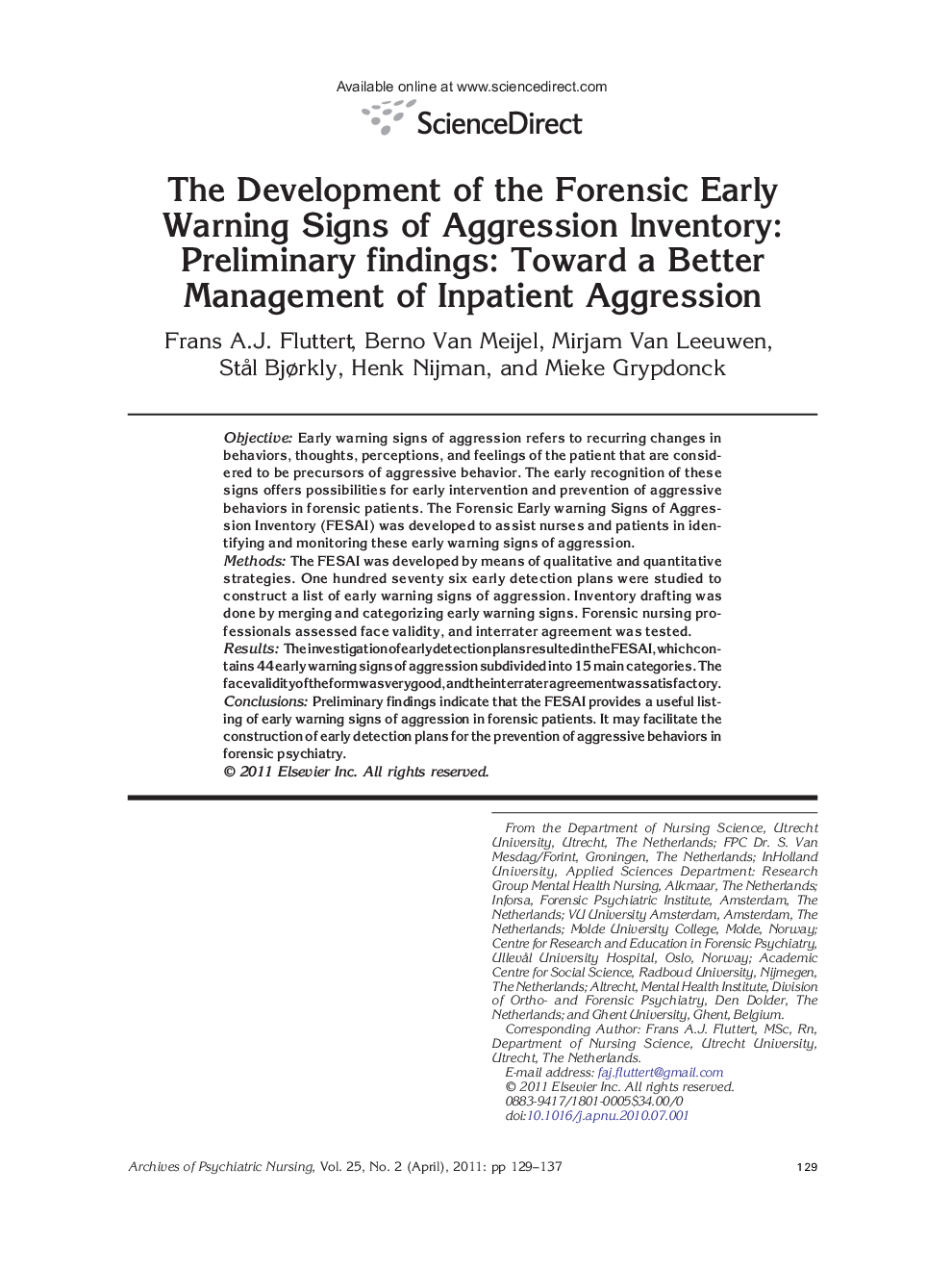 The Development of the Forensic Early Warning Signs of Aggression lnventory: Preliminary findings: Toward a Better Management of Inpatient Aggression