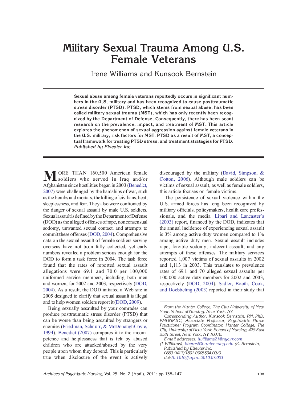 Military Sexual Trauma Among U.S. Female Veterans