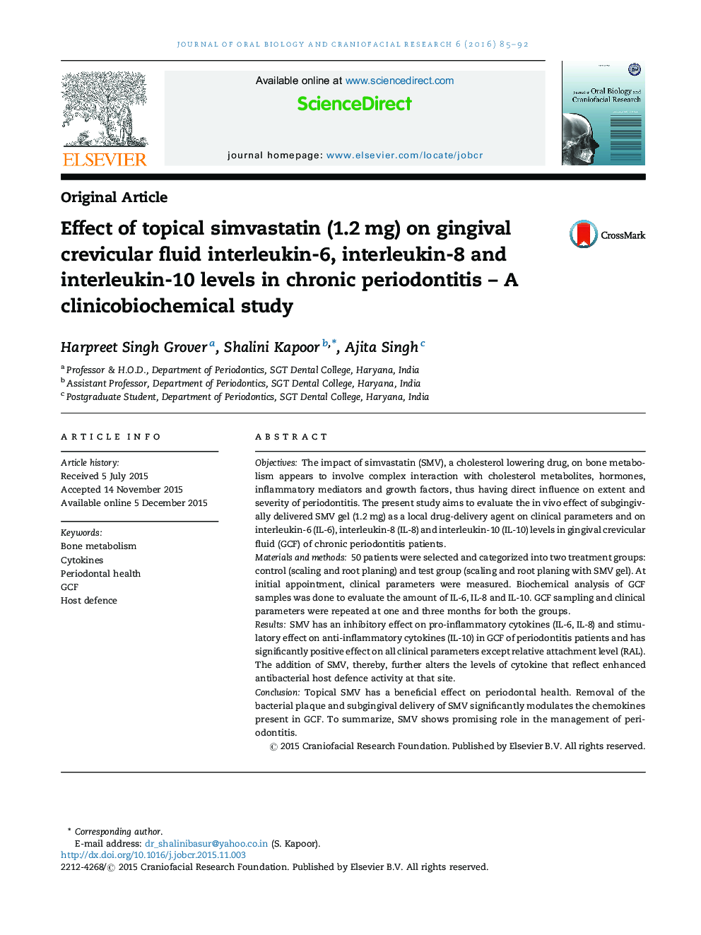 Effect of topical simvastatin (1.2 mg) on gingival crevicular fluid interleukin-6, interleukin-8 and interleukin-10 levels in chronic periodontitis – A clinicobiochemical study