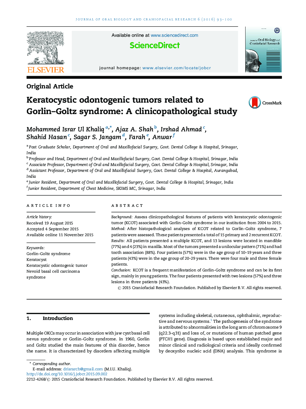 Keratocystic odontogenic tumors related to Gorlin–Goltz syndrome: A clinicopathological study