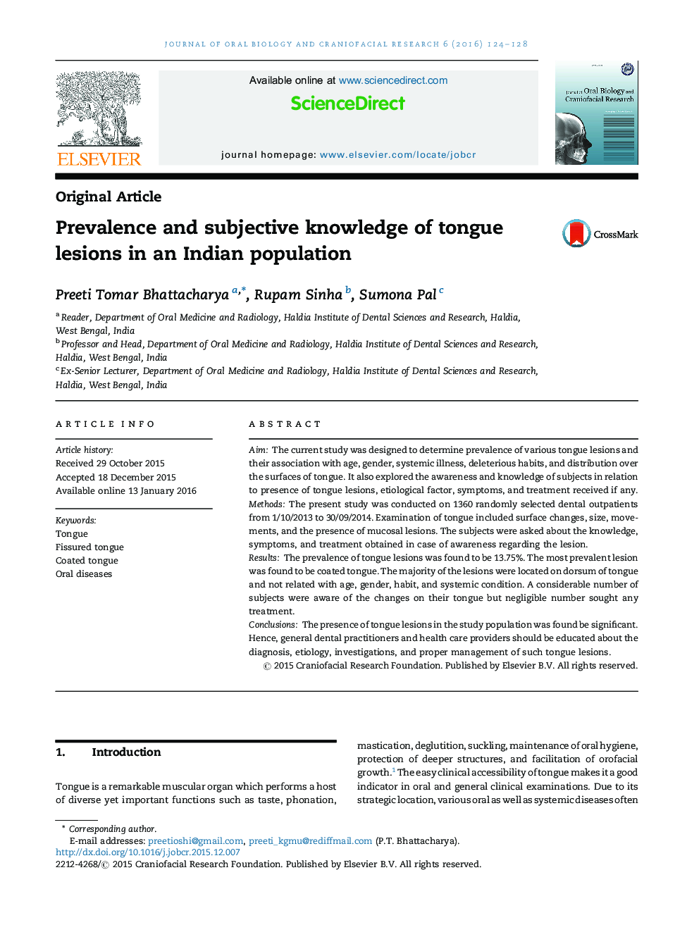 Prevalence and subjective knowledge of tongue lesions in an Indian population