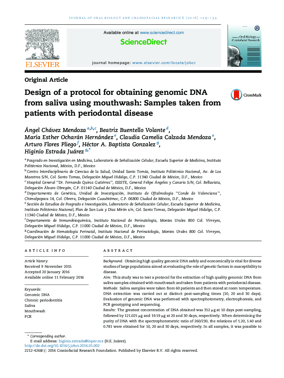 Design of a protocol for obtaining genomic DNA from saliva using mouthwash: Samples taken from patients with periodontal disease