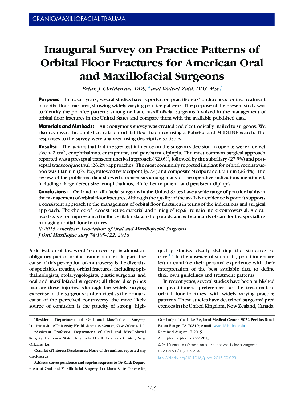 Inaugural Survey on Practice Patterns of Orbital Floor Fractures for American Oral and Maxillofacial Surgeons 