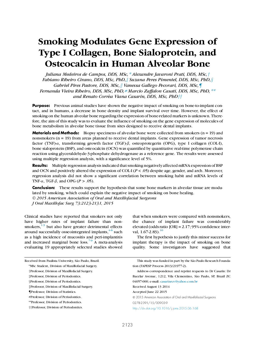 Smoking Modulates Gene Expression of Type I Collagen, Bone Sialoprotein, and Osteocalcin in Human Alveolar Bone 