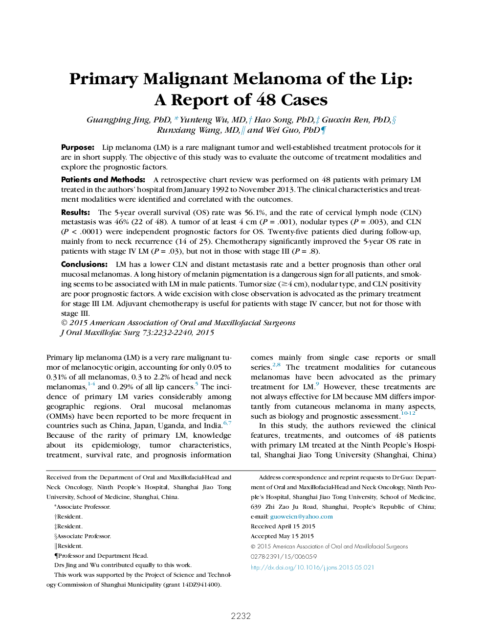 Primary Malignant Melanoma of the Lip: A Report of 48 Cases 