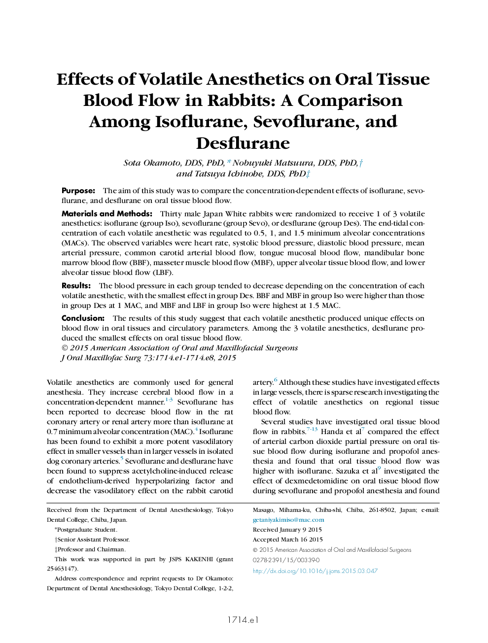 Effects of Volatile Anesthetics on Oral Tissue Blood Flow in Rabbits: A Comparison Among Isoflurane, Sevoflurane, and Desflurane