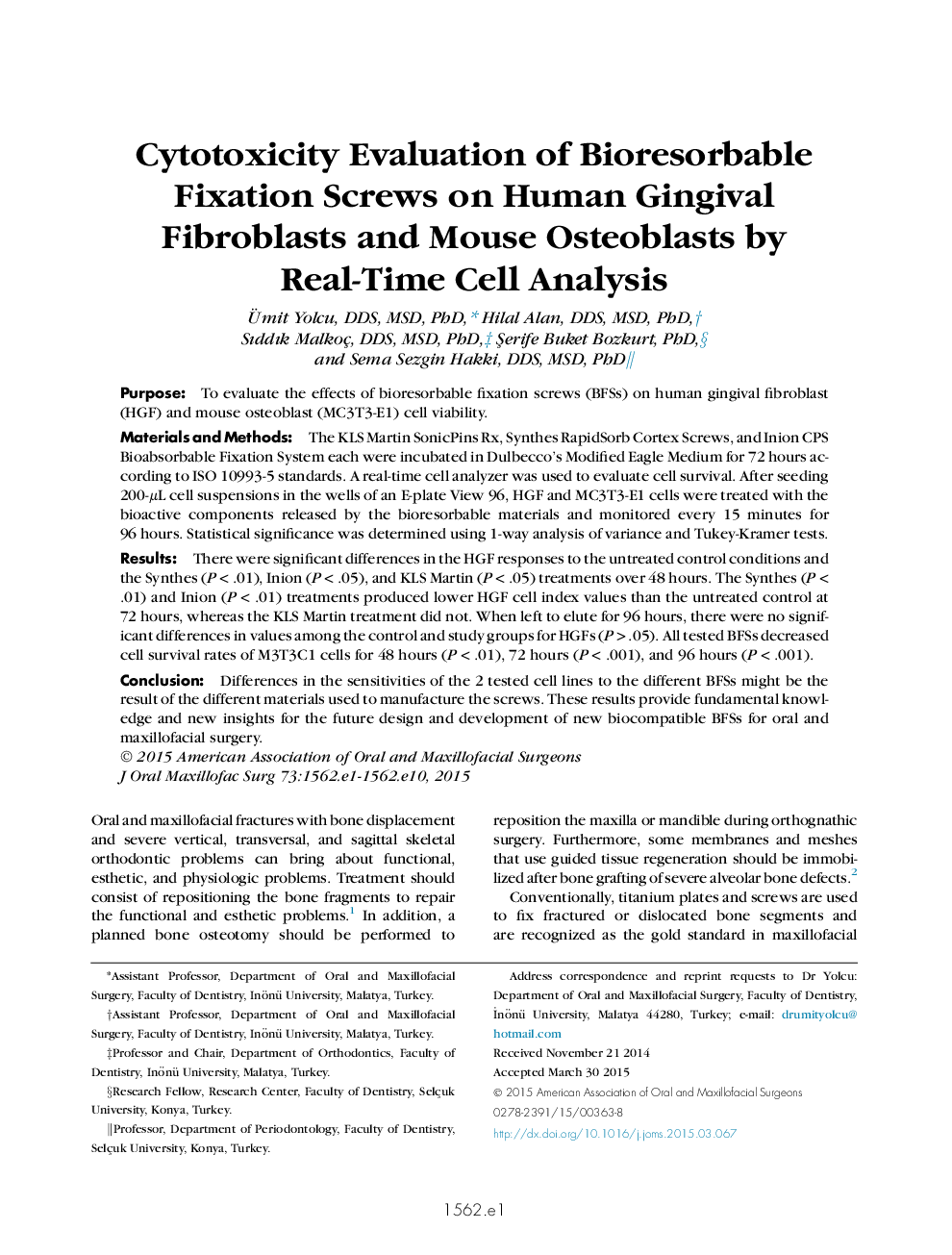 Cytotoxicity Evaluation of Bioresorbable Fixation Screws on Human Gingival Fibroblasts and Mouse Osteoblasts by Real-Time Cell Analysis