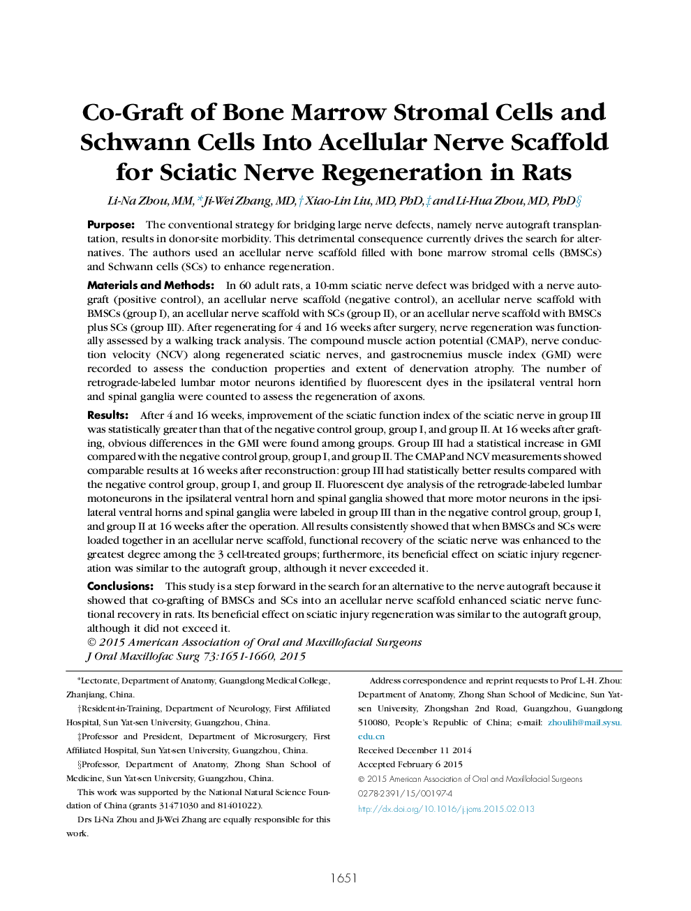 Co-Graft of Bone Marrow Stromal Cells and Schwann Cells Into Acellular Nerve Scaffold for Sciatic Nerve Regeneration in Rats 