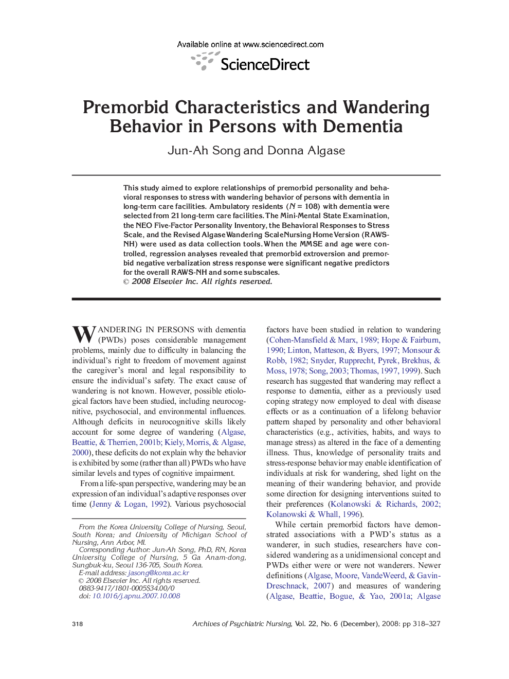 Premorbid Characteristics and Wandering Behavior in Persons with Dementia