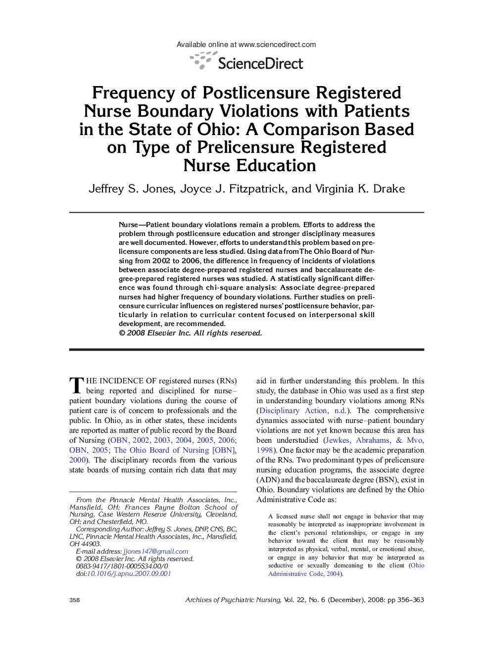Frequency of Postlicensure Registered Nurse Boundary Violations with Patients in the State of Ohio: A Comparison Based on Type of Prelicensure Registered Nurse Education