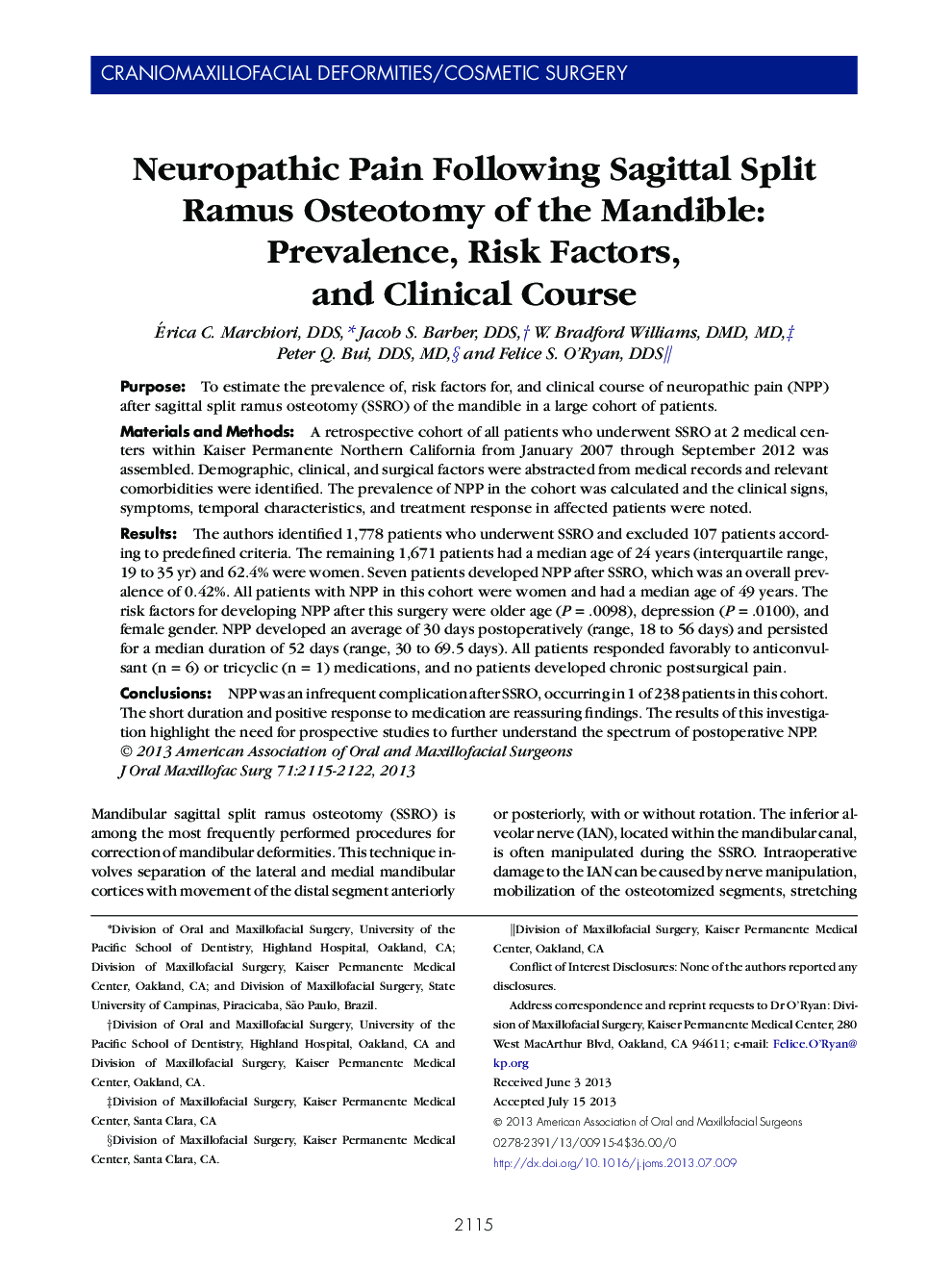 Neuropathic Pain Following Sagittal Split Ramus Osteotomy of the Mandible: Prevalence, Risk Factors, and Clinical Course 