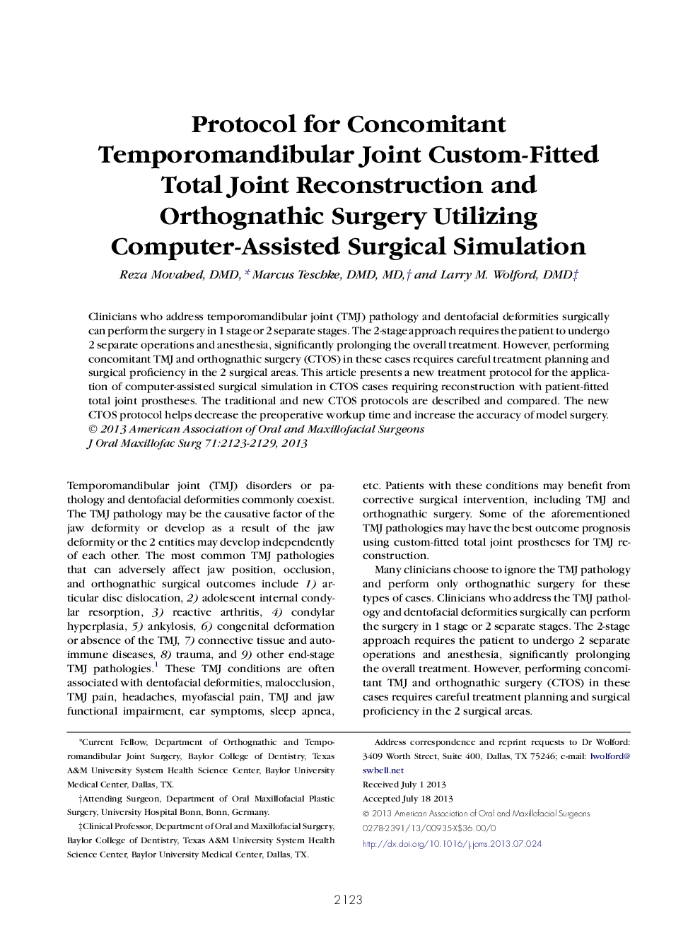 Protocol for Concomitant Temporomandibular Joint Custom-Fitted Total Joint Reconstruction and Orthognathic Surgery Utilizing Computer-Assisted Surgical Simulation