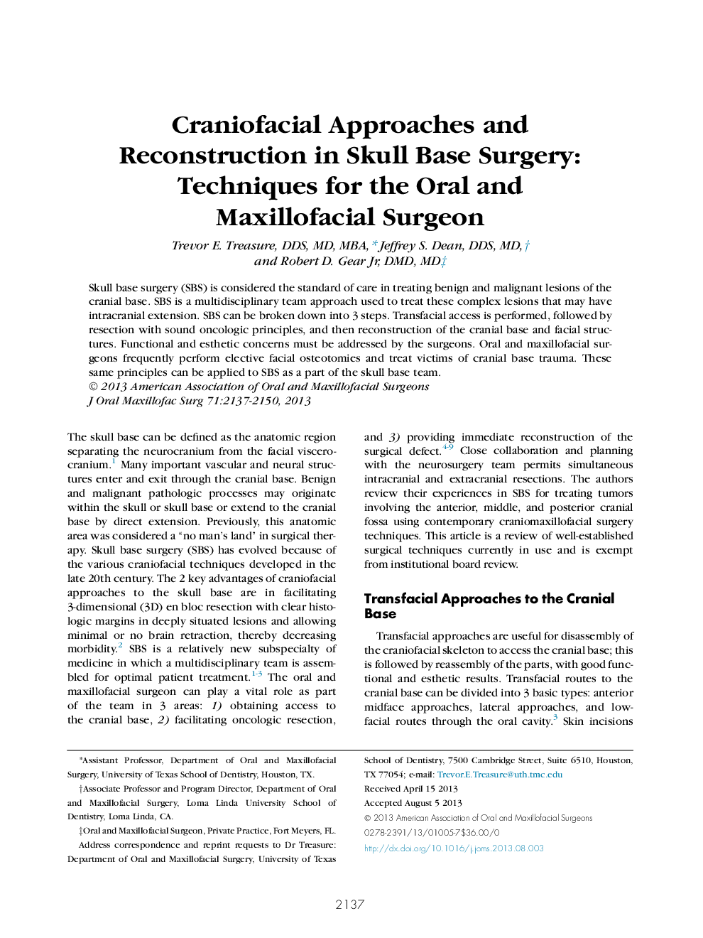 Craniofacial Approaches and Reconstruction in Skull Base Surgery: Techniques for the Oral and Maxillofacial Surgeon