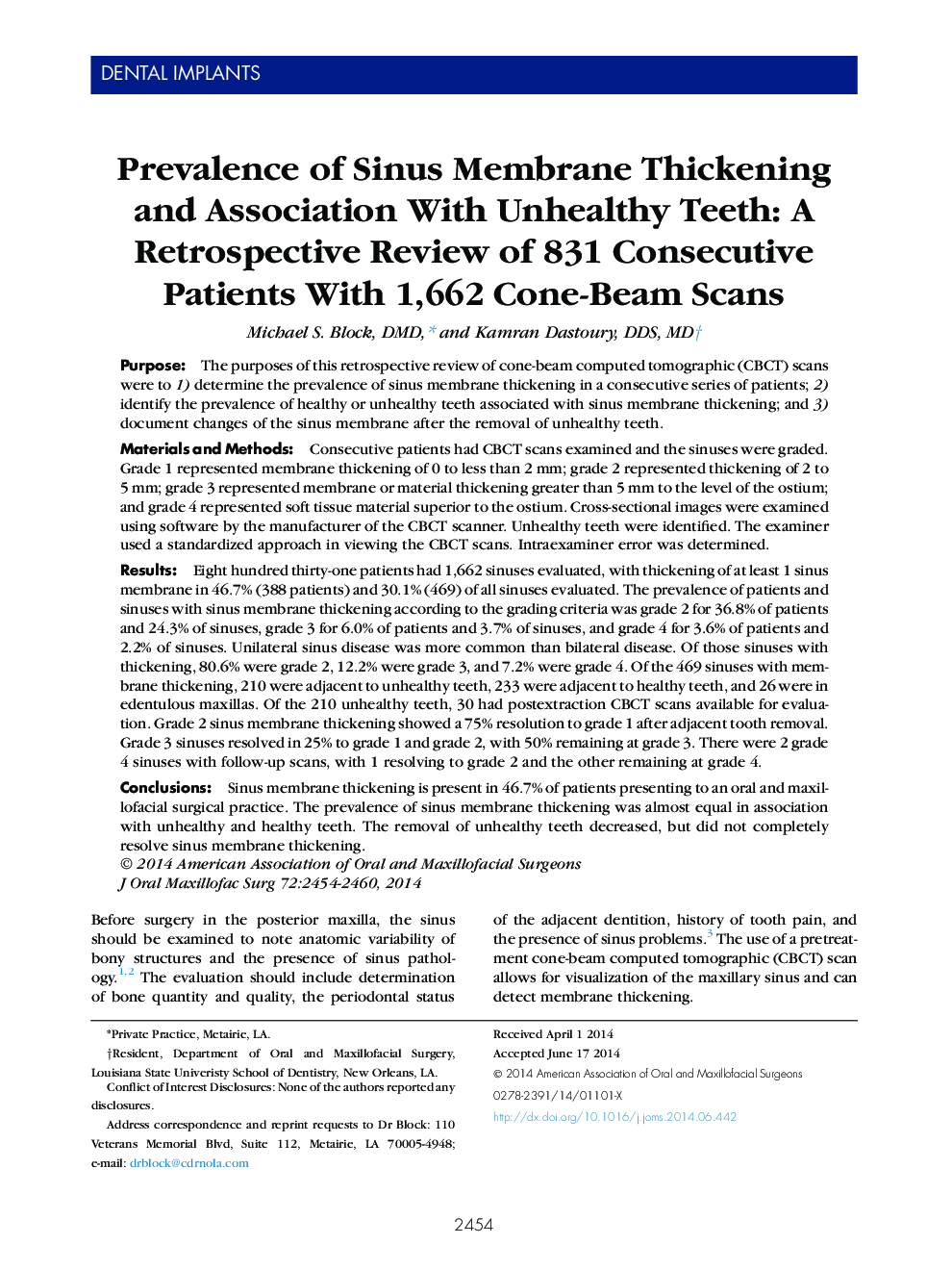 بررسی میزان ضخیم شدن غشای سینوسی و ارتباط آن با دندانهای ناسالم: بررسی تجربی از 831 بیمار متوالی با 1672 اسکن سیگنال مخروطی 