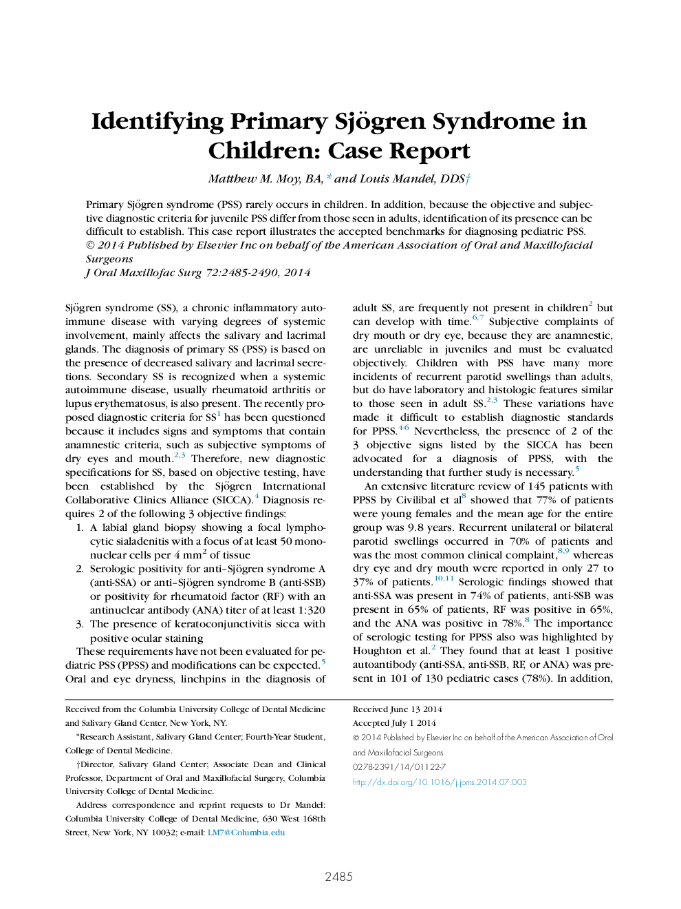 Identifying Primary Sjögren Syndrome in Children: Case Report