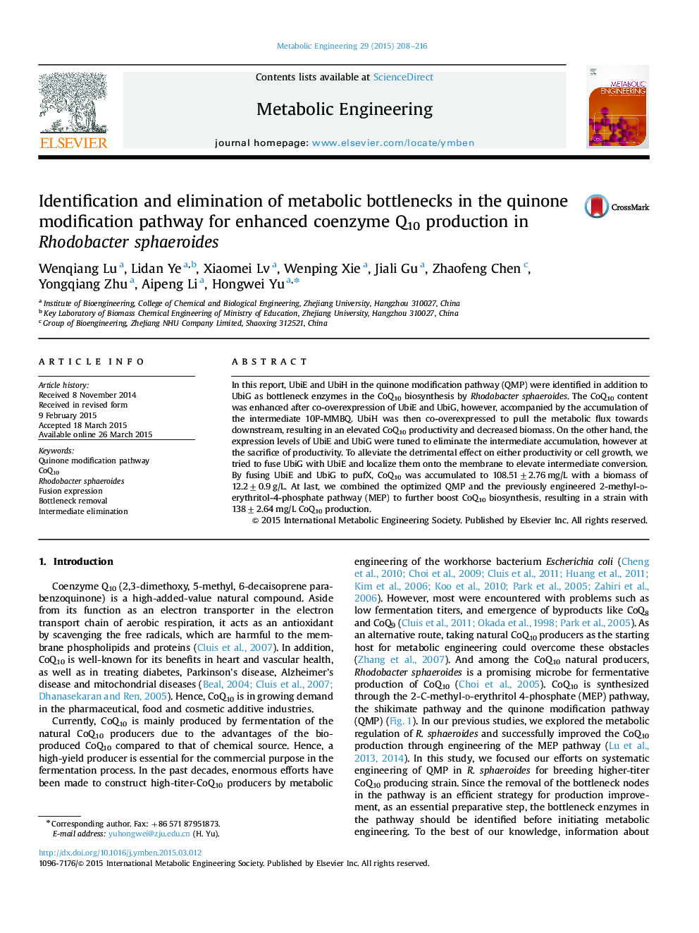 Identification and elimination of metabolic bottlenecks in the quinone modification pathway for enhanced coenzyme Q10 production in Rhodobacter sphaeroides