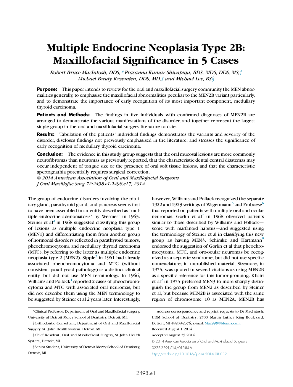 Multiple Endocrine Neoplasia Type 2B: Maxillofacial Significance in 5 Cases